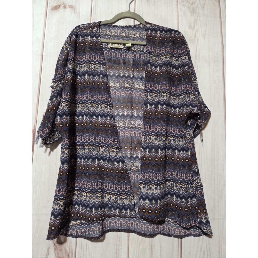 Gimmicks by BKE Blue Tribal Print Sheer Chiffon Fringe Studded Kimono Cardigan M